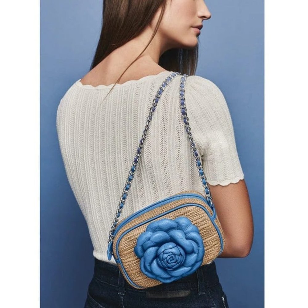Brighton Rosie natural Straw Camera Floral Crossbody